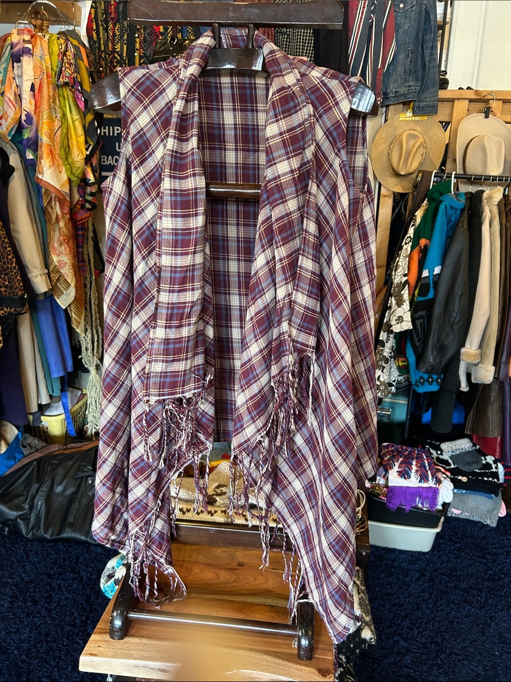Altar'd State Plaid vest layer in Burgundy, Mustard & Blue